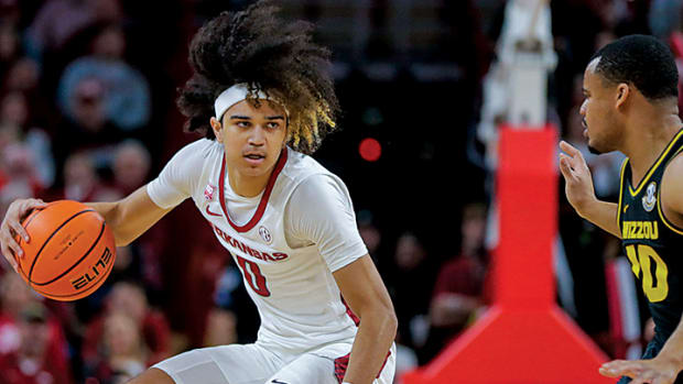 Arkansas Razorbacks guard Anthony Black looks inside against the Missouri Tigers this past January in Bud Walton Arena.